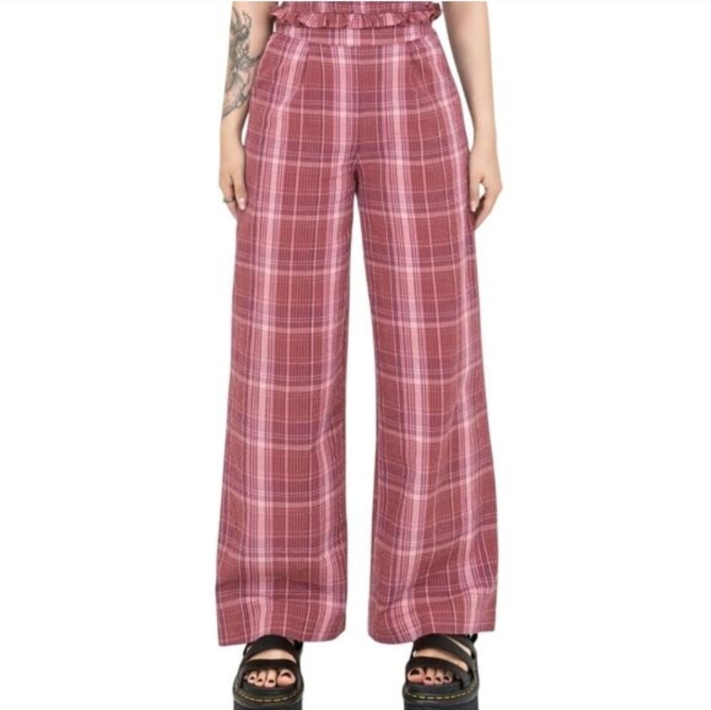 Disturbia Zorina Cotton Check Wide Leg Trousers Pink US Size 10